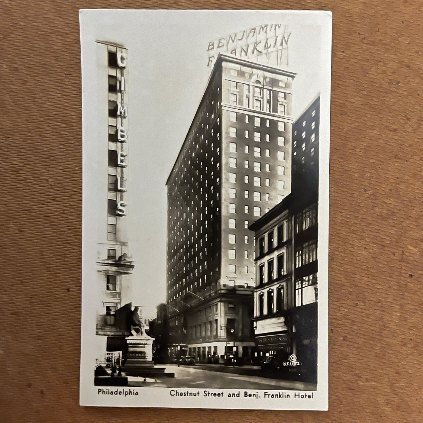 'Chestnut St. & Benj. Franklin Hotel' Post Card; K.F. Lutz, 1938